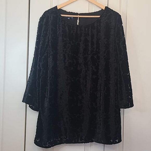 Talbots RSVP Black Velvet Floral Burnout Lined Blouse Tunic Top Size 2X - Picture 1 of 14